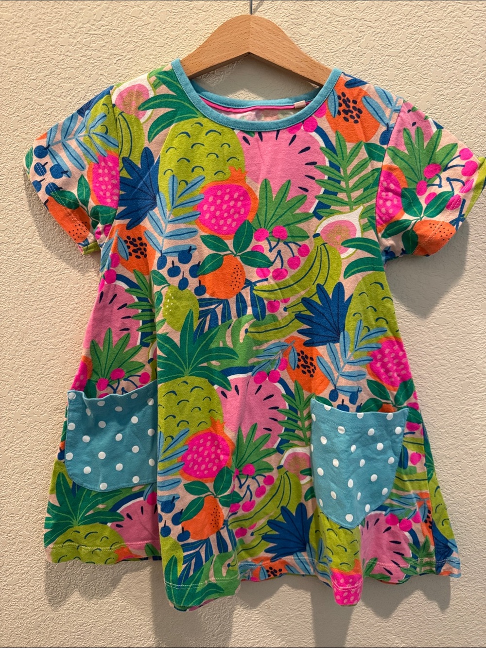 Mini Boden Tropical Fruit Pocket Tee Dress - Pink, Green & Blue (100% Cotton)